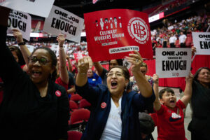 Members of the Culinary Workers Union gather for a strike vote in Las Vegas, Sept. 26, 2023. (Bridget Bennett/The New York Times)