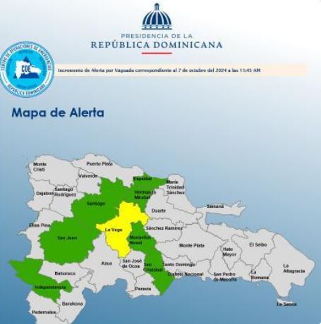 COE coloca La Vega en alerta amarilla y otras 7 provincias en verde