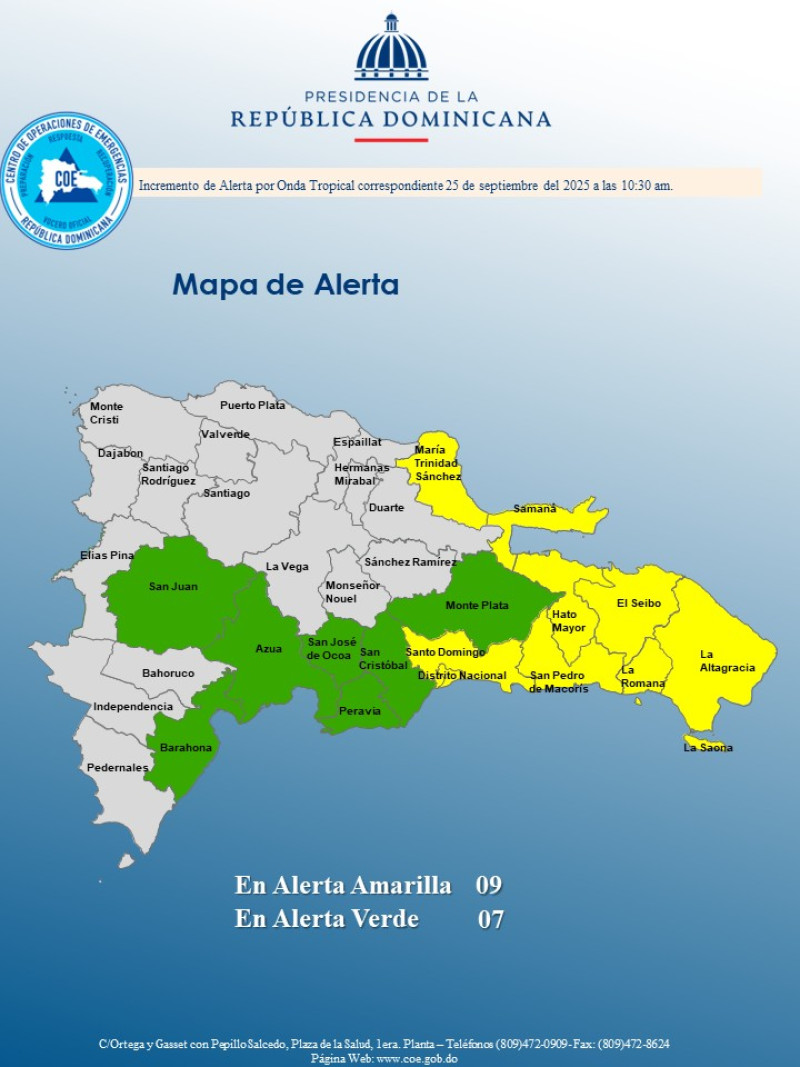 COE pone 9 provincias en alerta amarilla y 7 en verde por lluvias de onda tropical y vaguada