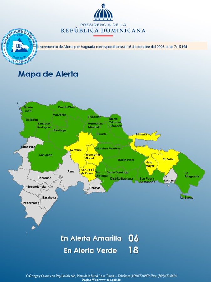 COE coloca al Distrito Nacional y 23 provincias en alerta por efectos de vaguada