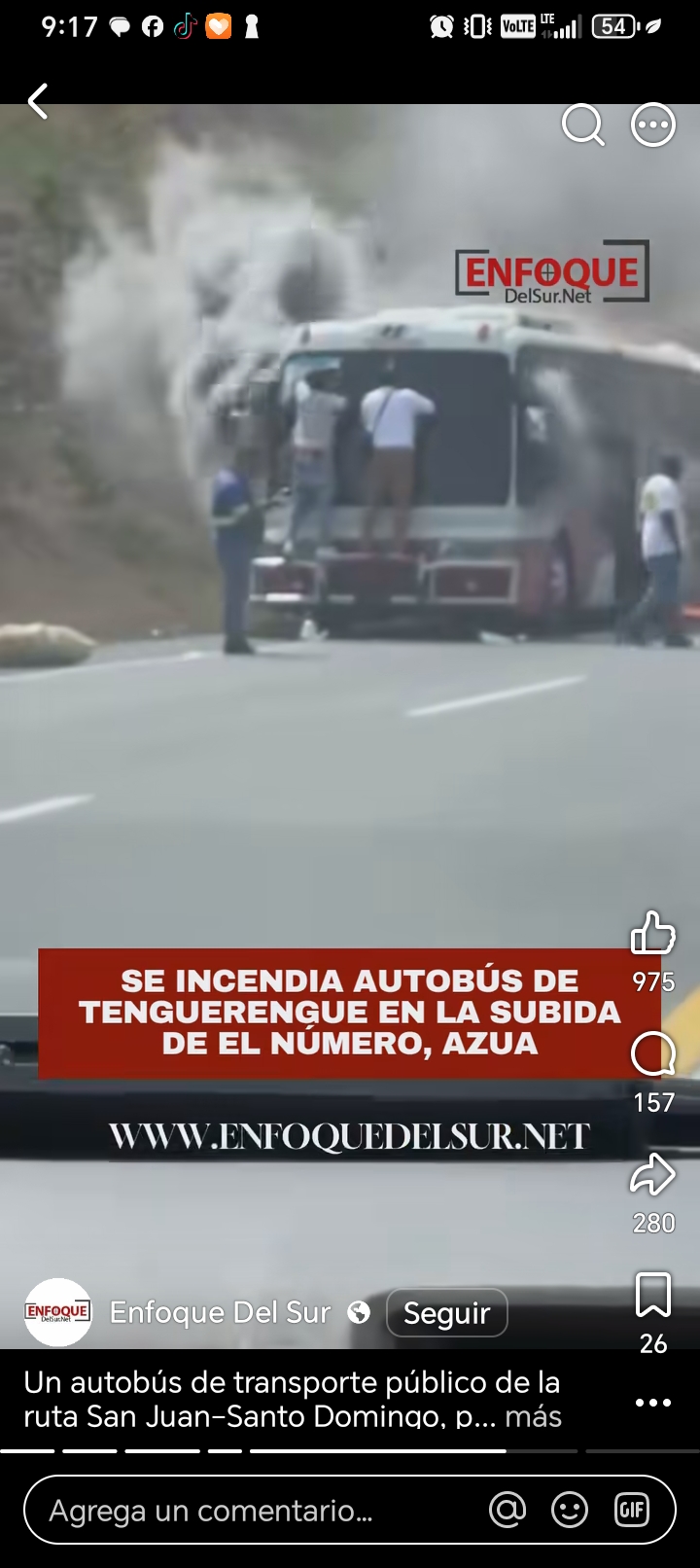 Autobús de transporte San Juan – Santo Domingo se incendia en El Número – Azua